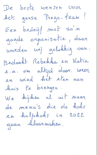 Een bedrijf met zo'n goede organisatie daar worden wij blij van. Bedankt Rebekka en Katia om altijd door weer en wind het eten aan huis te brengen.